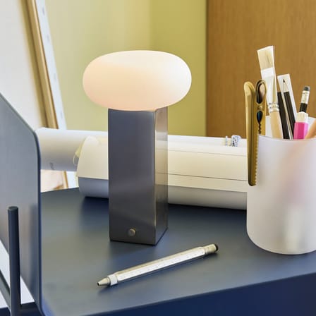 Rechargeable Portable Lamp Low LED / H 20 cm - HÜBSCH | Lamp Shade : White Opal - Base : nickel Brushed - View 3
